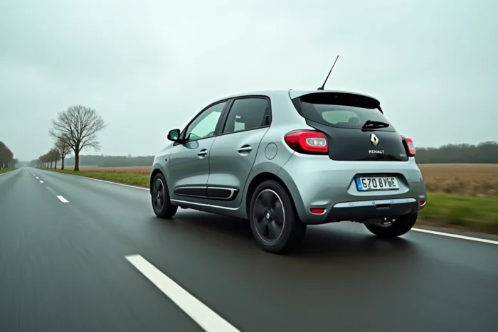 Renault Twingo 3 grise roulant sur une route de campagne française, illustrant l'autonomie en réserve d'essence