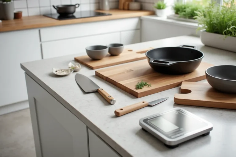 Ustensiles de cuisine essentiels disposés sur un plan de travail en quartz gris dans une cuisine moderne