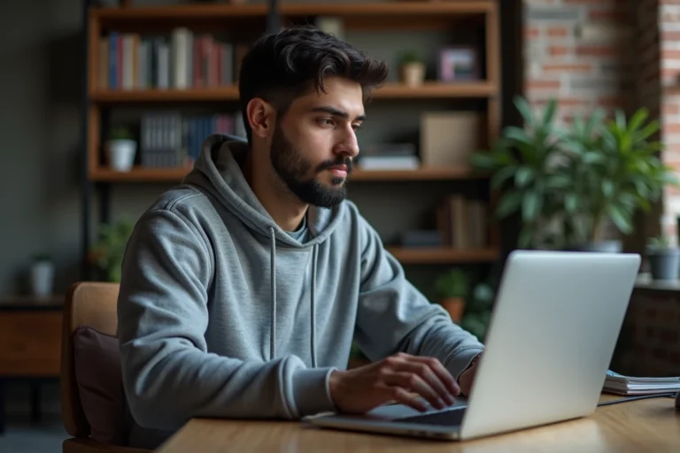 Homme utilisant un service proxy sur son ordinateur portable dans un bureau à domicile moderne