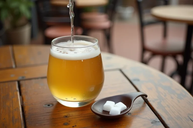 Verre de ricard avec cuillère à sucre et pichet d'eau sur une table de café en bois, style bistrot du sud de la France