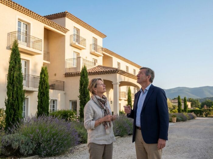 Un couple visite l'extérieur d'une maison de retraite à Cagnes-sur-Mer pour choisir un établissement adapté à leur parent