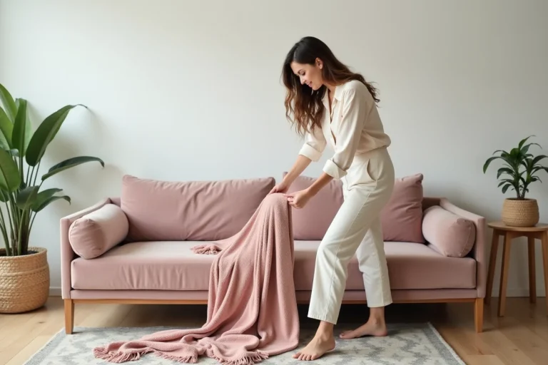 Femme élégante arrangeant une couverture dans un salon moderne