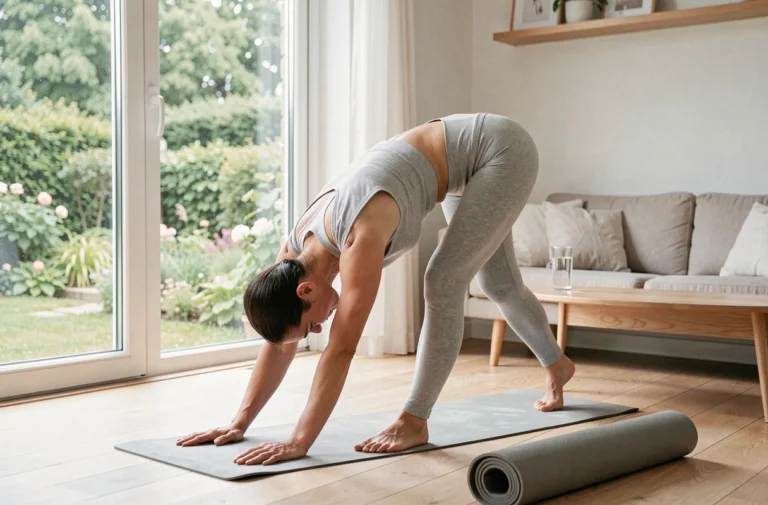 Femme pratiquant le yoga le matin dans un salon scandinave pour prendre soin de sa santé au quotidien